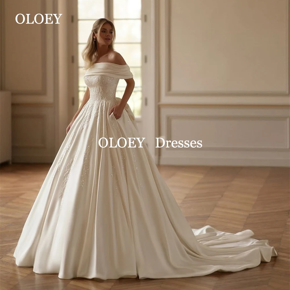 

OLOEY Luxury Beading A Line Wedding Dresses Off Shoulder Pleats Bride Gown Customized Bow Zip Back Sweep Train Vestidos De Novia