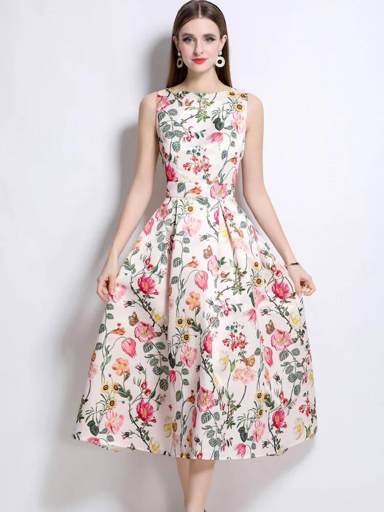 New Fashion Women Dresses 2025 Summer Sleeveless Party Dress Print A Line Maxi Long Vestidos Office Woman Sundress Robe Femme