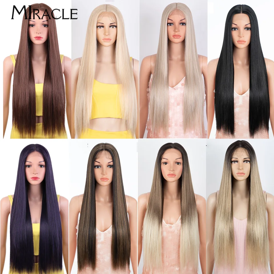 MIRACLE Synthetic Lace Front Wig 30 Inch Cosplay Lace Wigs for Women Fiber Straight Hair Heat Resistant Blonde Fake Hair