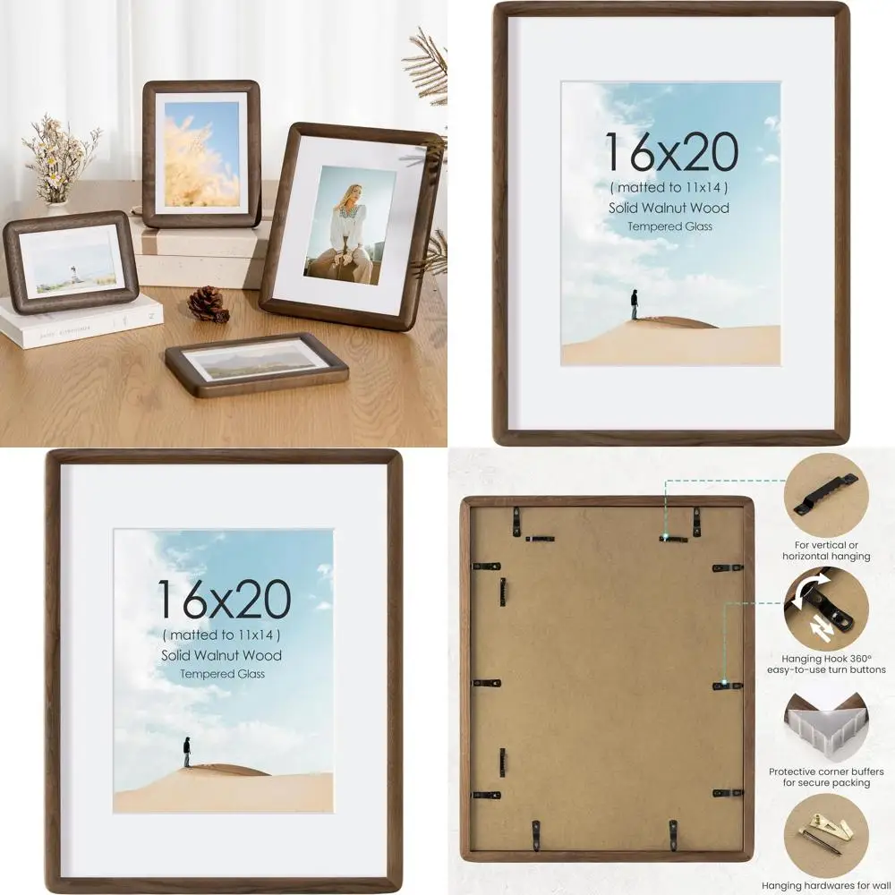 

Elegant 16x20 Walnut Photo Frame for Wall Display, Fits 11x14 Matted Prints with Tempered Glass Protection