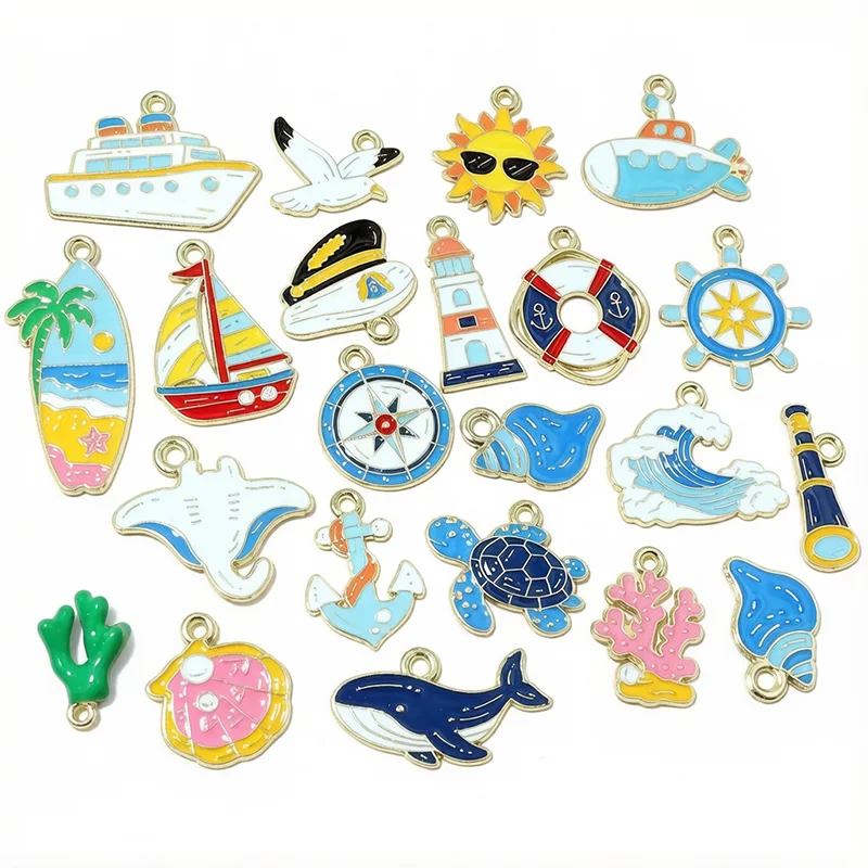 10Pcs Enamel Nautical Beach Ocean Charms Pendant Ship Sun Shell Summber Elements DIY Jewelry Making Findings Earrings Necklace‌