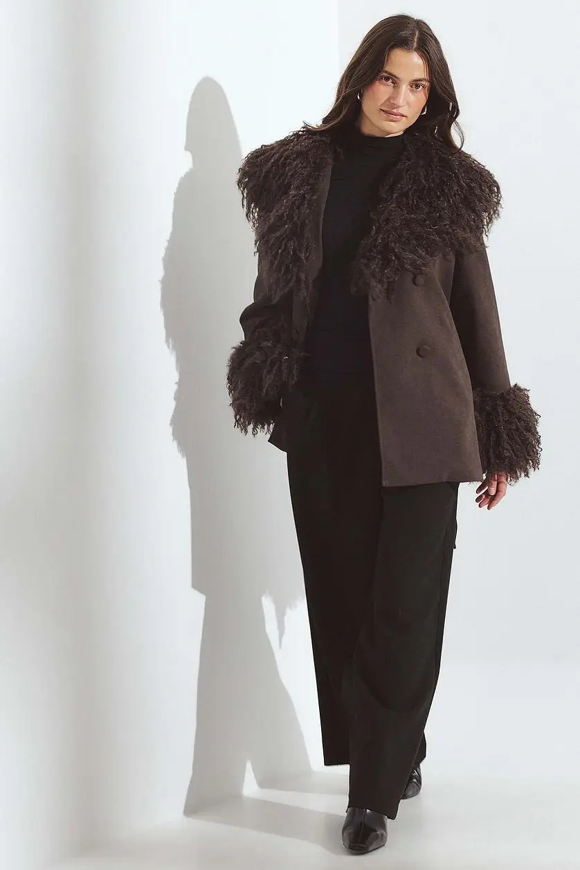 DFDG Women 2026 Curly Faux Fur Trim Coat Waist Tie Belted Jacket Long Sleeve Winter Warm Outerwear Elegant Casual Street Outfit