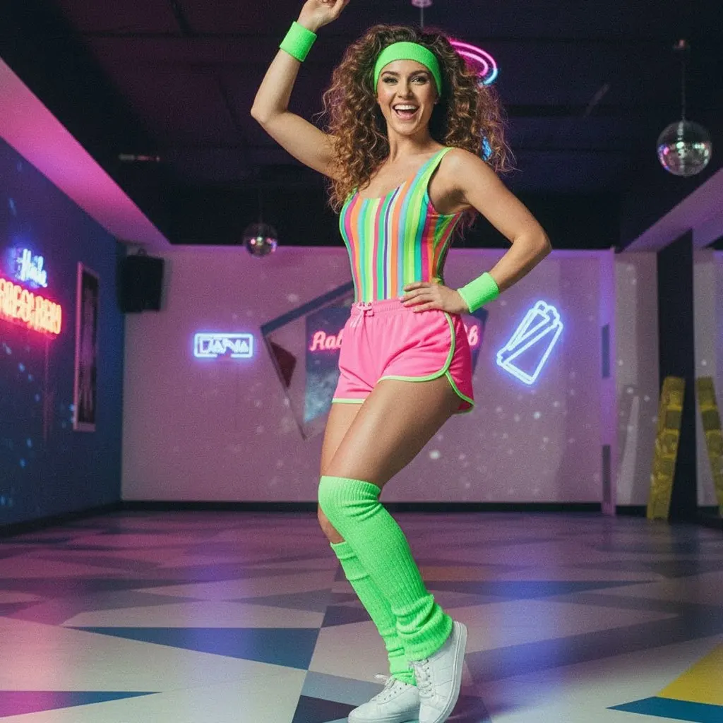 

80s Retro Neon Party Accessories Set - Vintage Workout Headband & Wristband - Leg Warmers & Arm Warmers for 80s Theme Dance