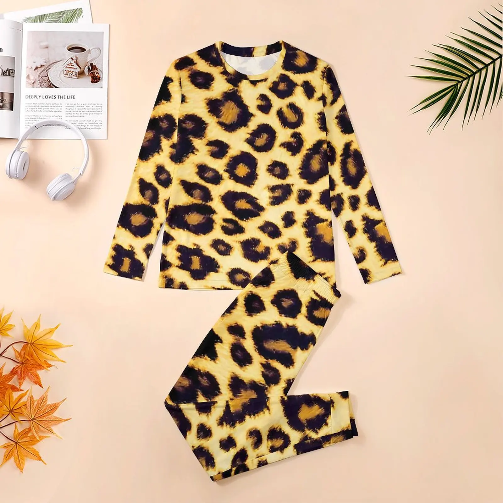 Leopard Pajamas Autumn Animal Print Night Sleepwear Male 2 Pieces Graphic Long Sleeve Warm Oversized Pajamas Set