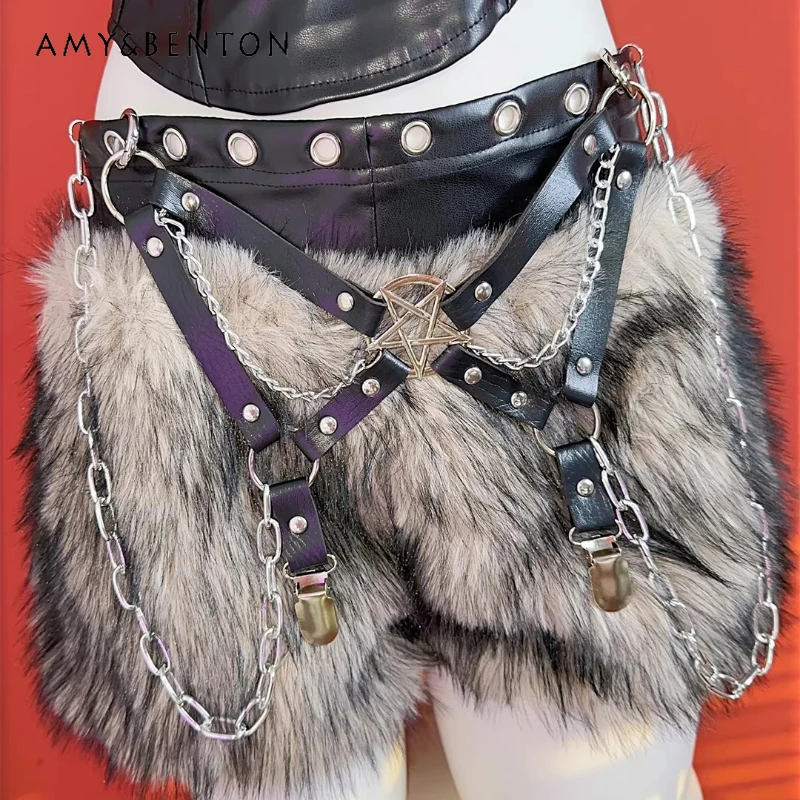 

Оригинальный дизайн Y2K, женская одежда из искусственного меха в стиле панк для девочек, осень-зима 202, милые крутые шорты из искусственной кожи с металлической цепочкой, женские шорты