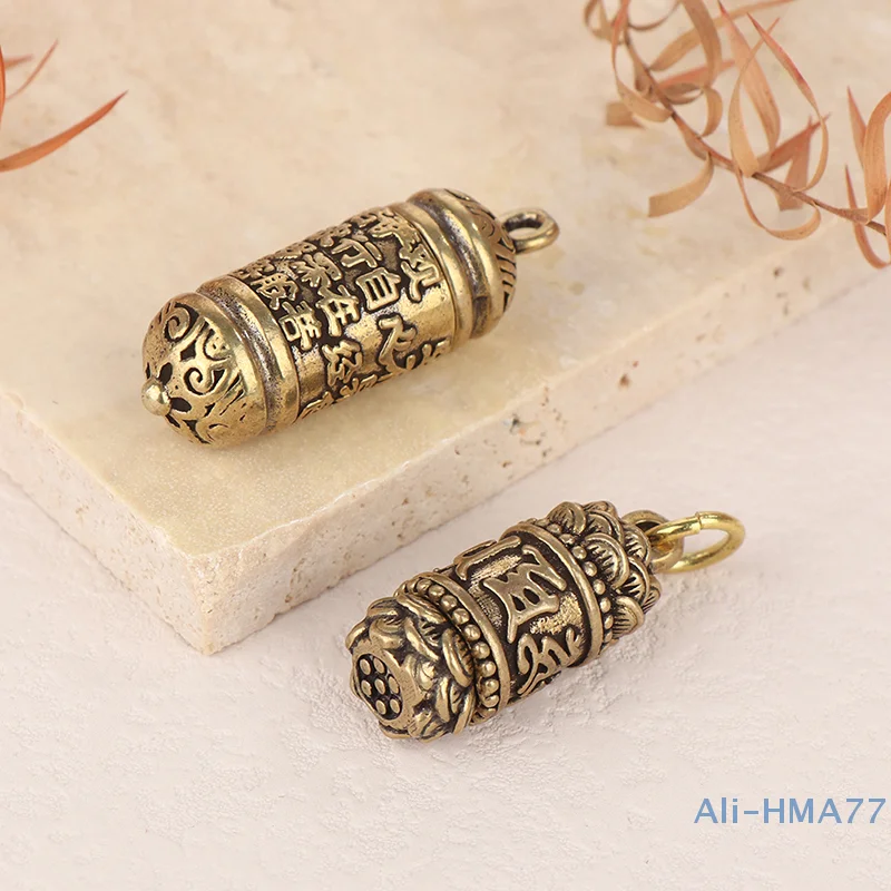 1Pc Hollow Brass Buddha  Sutra Cylinder Pendant Keychain Handmade Vintage Pill Box Container Bottle