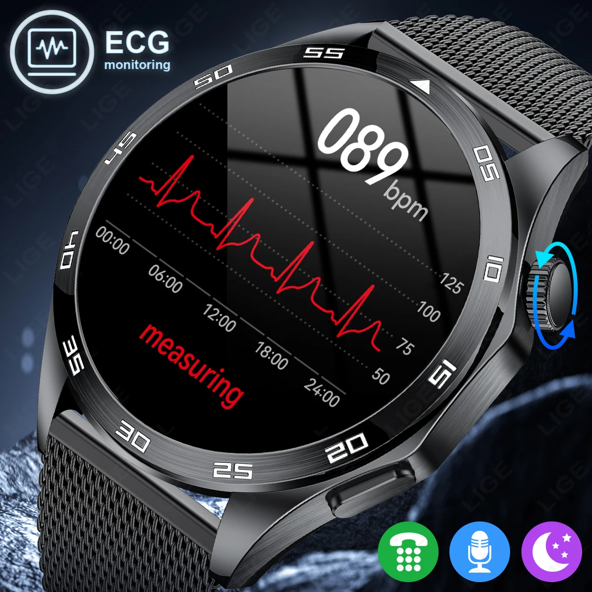 LIGE Smart Watch Micro Physical Examination ECG Bluetooth Call Heart Rate Blood Pressure Oxygen Health Bracelet Men's Smartwatch
