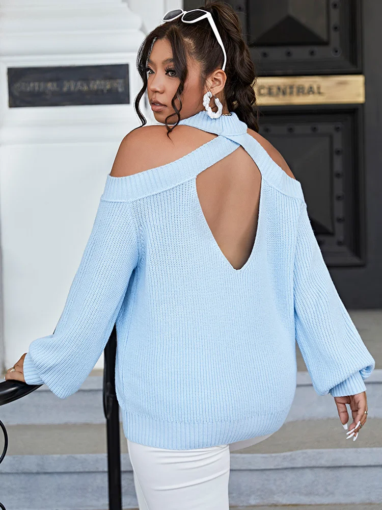 ONELINK Sky Blue Knit Pullover Sexy Halter Neck Hollow Out Off Shoulder Plus Size Women\'s Sweater Long Sleeve