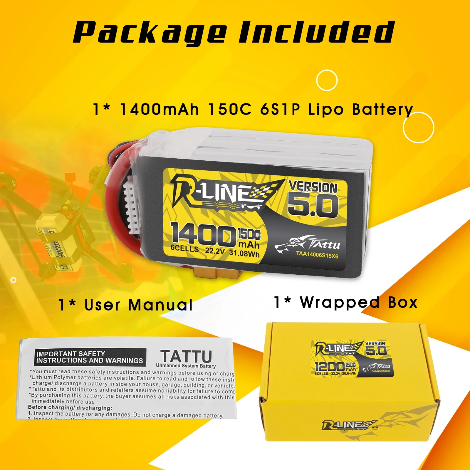 Tattu R-Line 1200mAh 1400mAh 6S Lipo Battery  150C XT60 Plug RC Power for 5-inch Aircraft FPV Racing Multirotor Quadcopter Frame