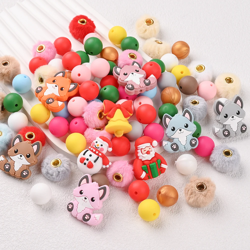 59Pcs Silicone Beads Set Fox Christmas Series Round Beads for DIY Baby Pacifier Chains Jewelry Accessories BPA Free