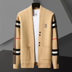 High Quality Spring Autumn Designer New Embroidery Men's Trendy Business Casual Luxury Striped Cardigan Sweater Knitting Tops