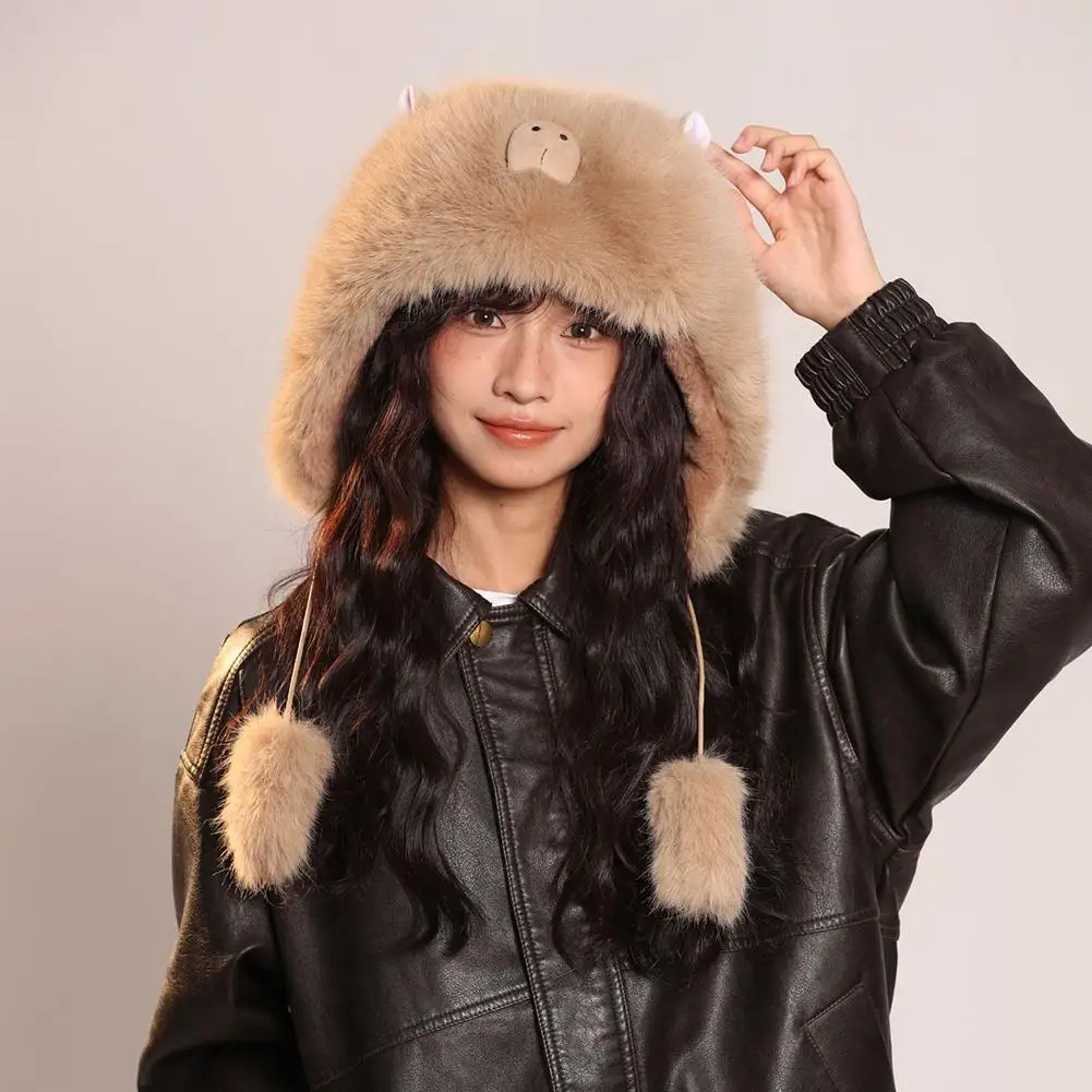 مجموعة قفازات وشاح قبعة كابيبارا 3 في 1 عصرية للنساء، إكسسوارات شتوية لطيفة منفوشة وفراء كرتونية، وشاح بغطاء للرأس دافئ للأذن #5