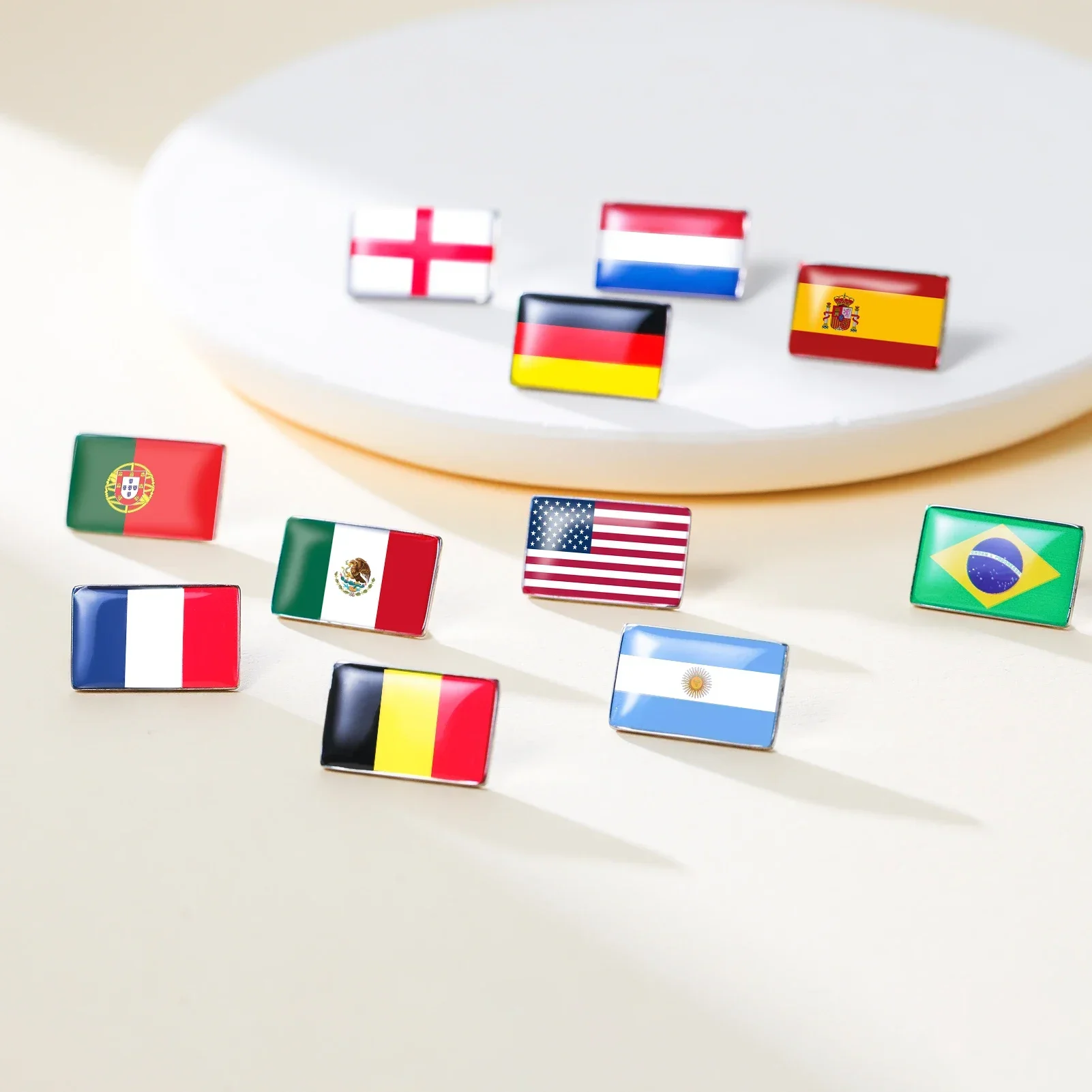 Rectangle Stainless Steel National Flag Brooch, Argentina Brazil Germany France Spain USA Badge Pin for Men Women