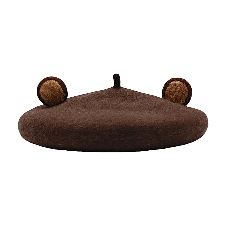 Coffee Bear Ears Beret Hat Autumn Winter Girls Versatile Artist Cap Trendy Headwear with Cute Bear Ear Detail