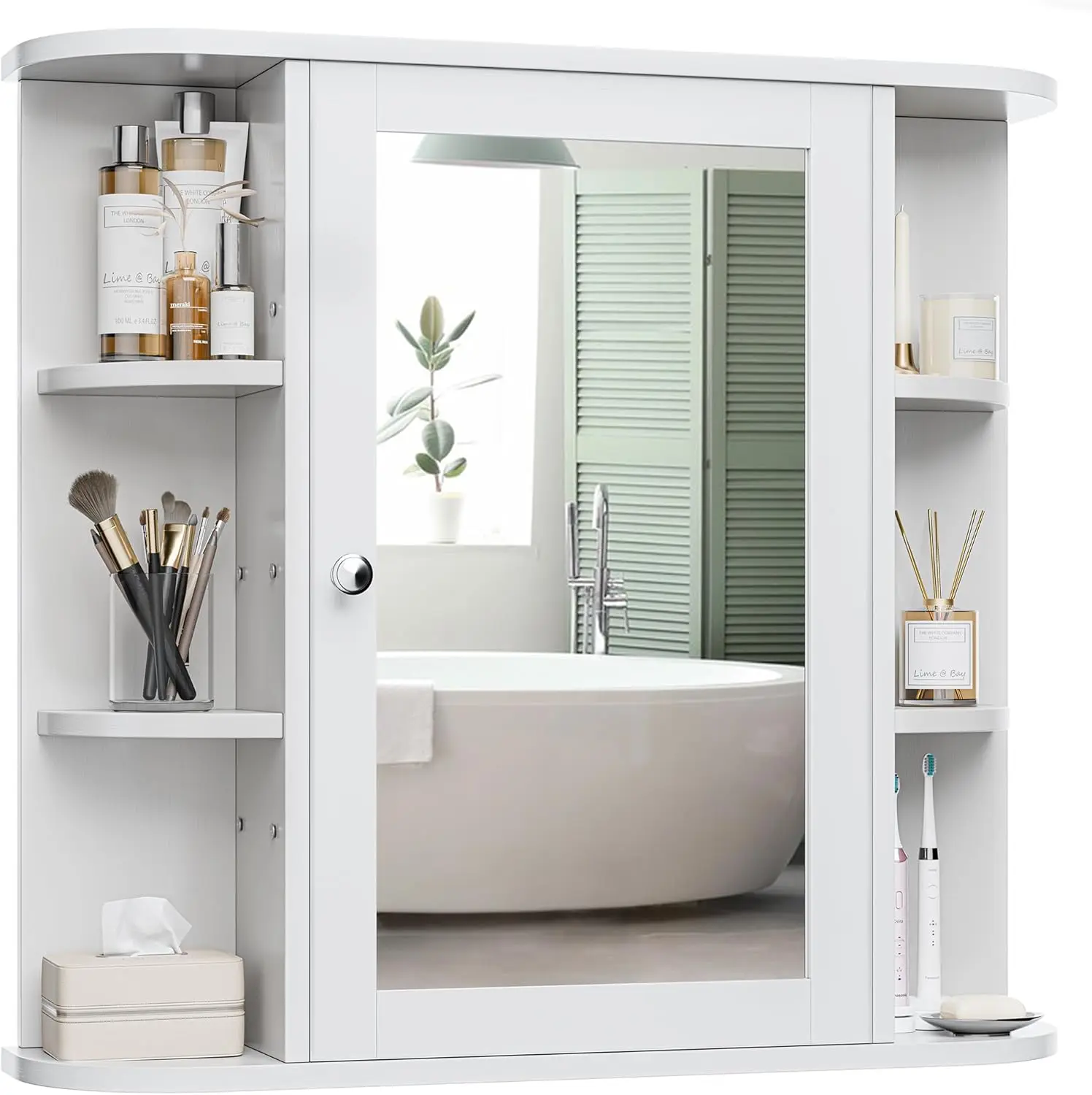 Bathroom Medicine Cabinet, Bathroom Mirror Cabinet Wall Mounted with 6 Side Open Shelves, White Wall Cabinet with Mirro
