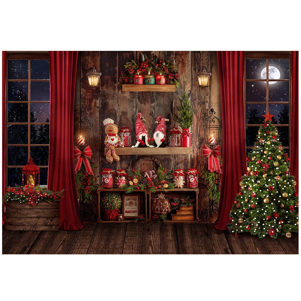 Mocsicka Wooden Wall Floor Christmas Backdrop for Photo Studio Christmas Tree Dolls Window Moon Child Birthday Photo Background