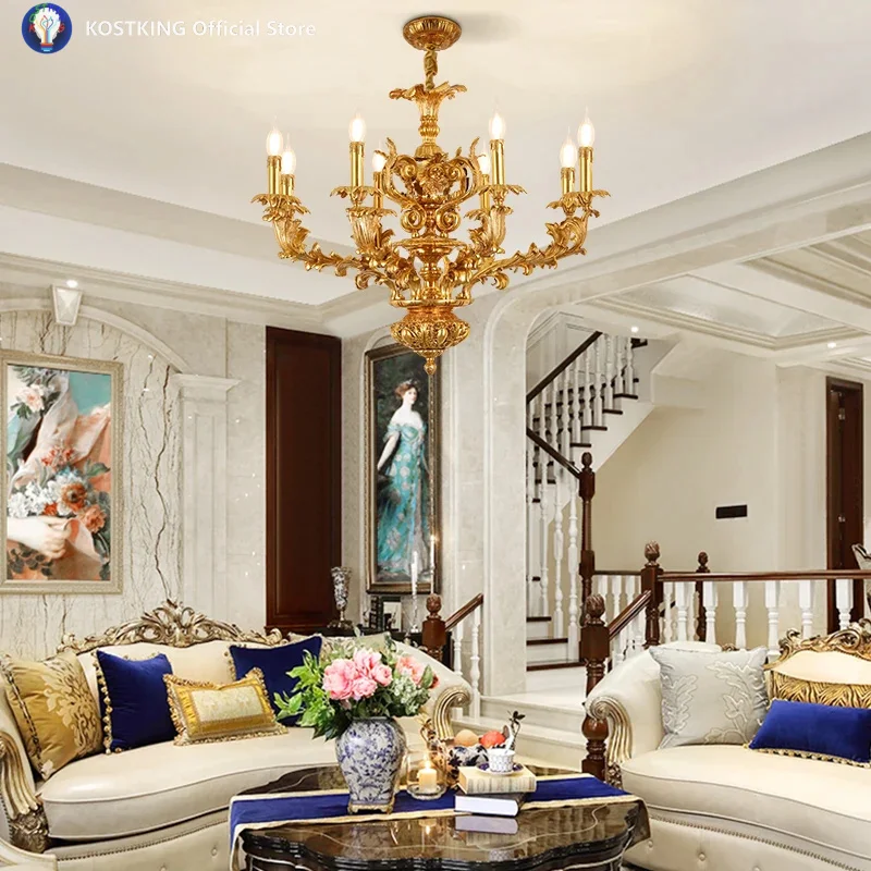 Exquisite Carving Pattern Lighting Luxury Copper Lamps French Vintage Pendant Lights Brass Chandelier