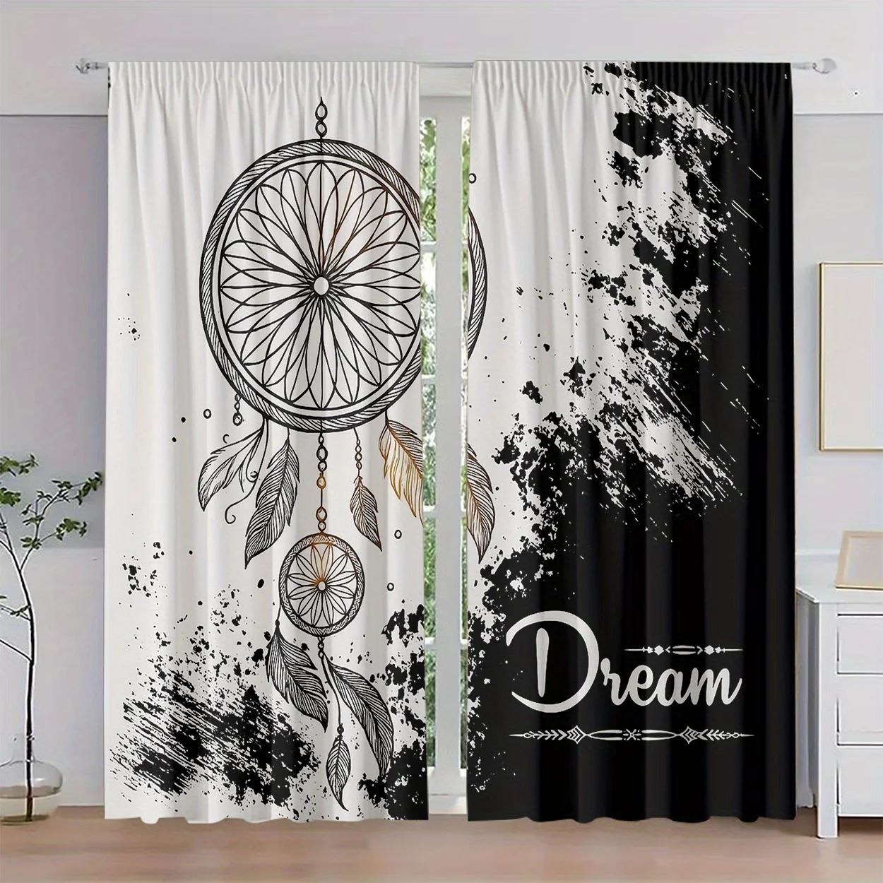 Ink Splash Dreamcatcher Window Curtain 2 Panels,Delicate Feather Net Dream Text Print Soft Black White Tone Bedroom Home Curtain
