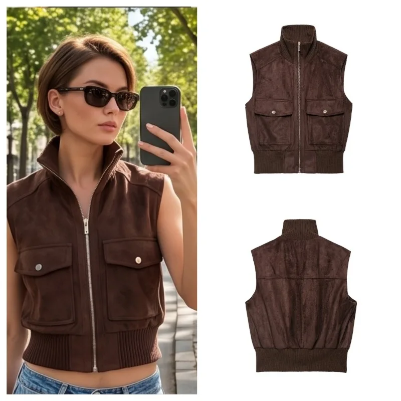 Guobioziy Women Suede Vest Coat Autumn Fashion Stand Collar Sleeveless Minimalist Style Casual New Outerwear