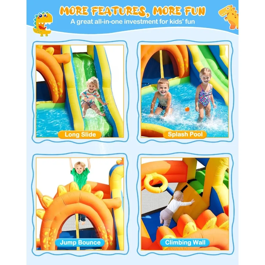 Parco gonfiabile per diapositive d'acqua con dinosauro Casa di rimbalzo 7 in 1 con zona di salto per diapositive Parete da arrampicata su piscina e canestro da basket 480