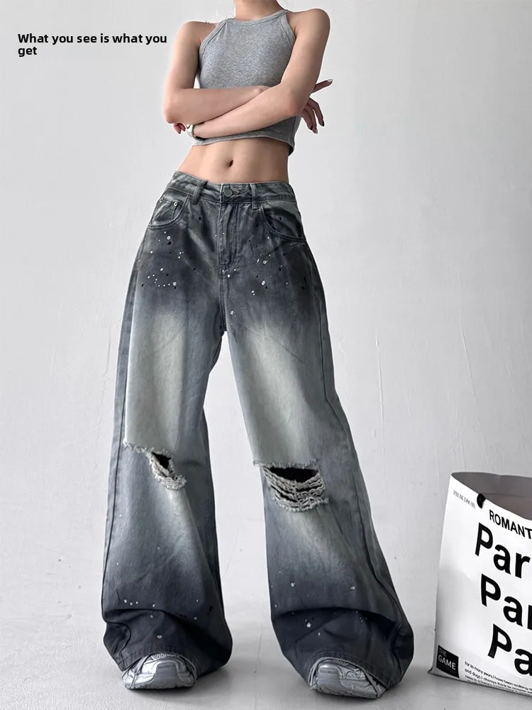 

Retro Heavy Du Fla Casual High Waist Denim Jeans Women's Summer New Sle Faion Hole Cotton Polyester Blend Loose Fit