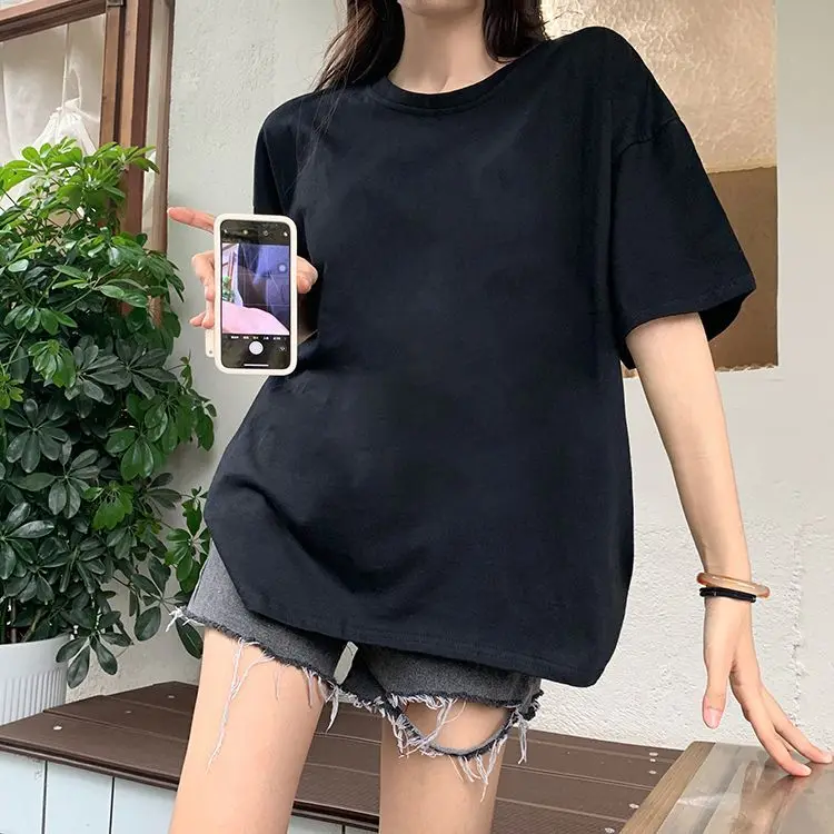 

Pure Cotton Round Neck Short Sleeved T-shirt Loose and Slimming Korean Version Design Sense Niche Half Sleeved Base Shirt