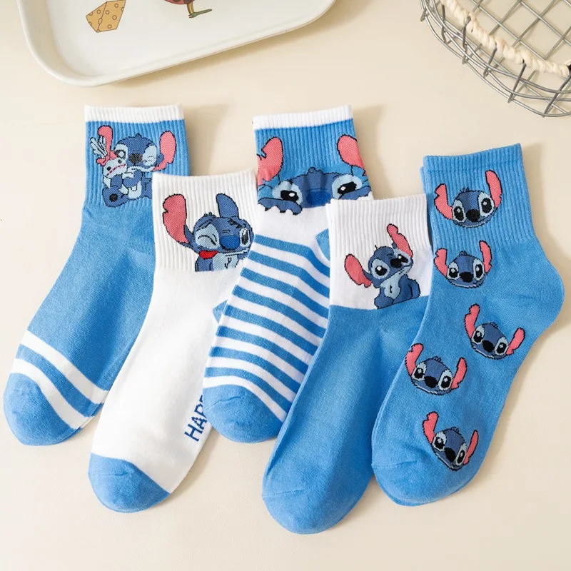 5Pairs Disney Stitch Socks Anime Lilo Cotton Midtube Stockings Cartoon Stich Dolls Stockings Boys Girls Warm Sleep Socks Gift