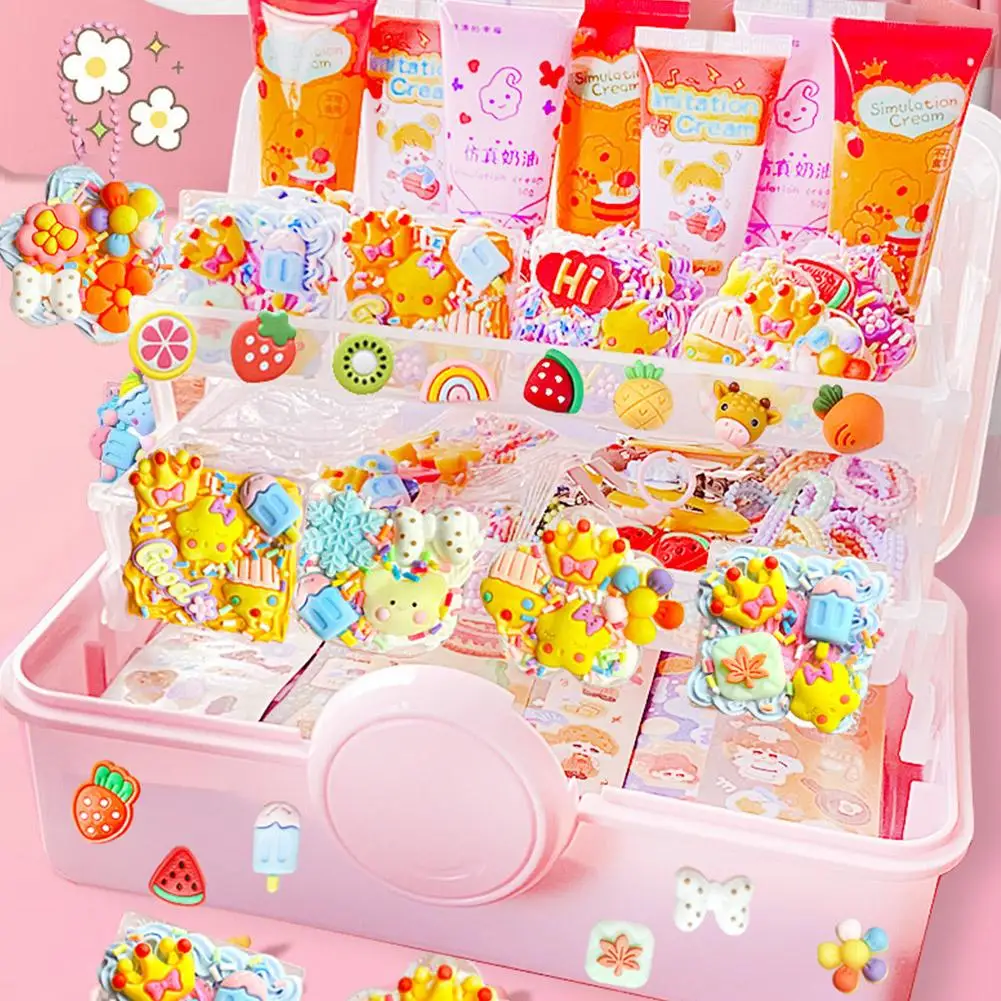Cream Glue Guka Sticker Set for Kids Girls,3-Tier Storage Box DIY Handmade Art Craft Kit with Resin Charms Goo Discs,Creative