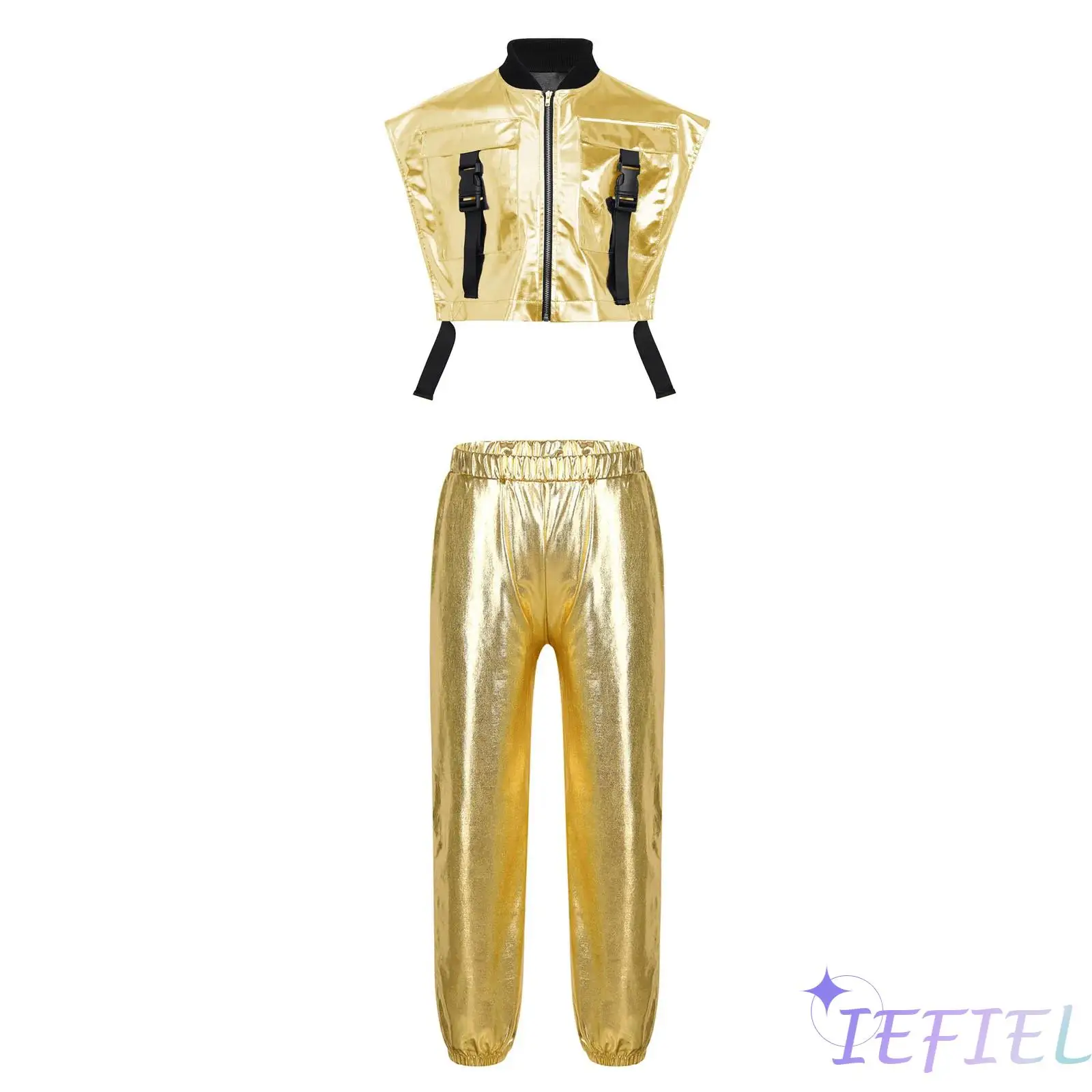 

Kids Girls Jazz Dance Costume Sleeveless Metallic Vest with Shiny Pants Disco Set Streetwear for Stage Performance Raves Party