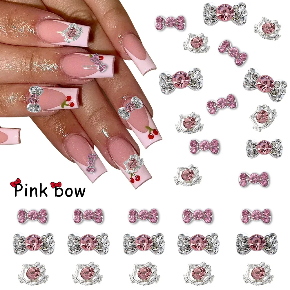 Pink Diamond Bow Cat Alloy Nail Art Accessories, Sparkling Three-Dimensional Nail Decoration Accessories