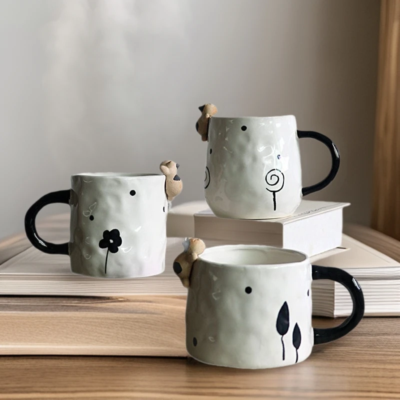 

Minimalist Irregular Hand-Painted Black White Cat Ceramic Coffee Mug Light Luxury Fun Cup
