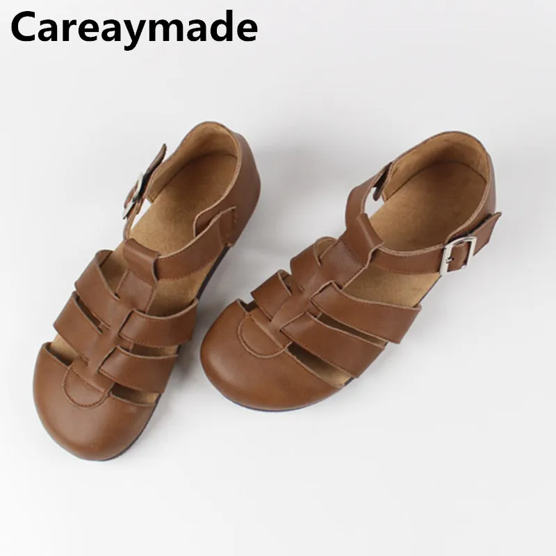 Careaymade-Genuine Leather women's shoes,TPR soft soles retro wide toe wrapped sandals,cowhide hollowed out flat Roman sandals