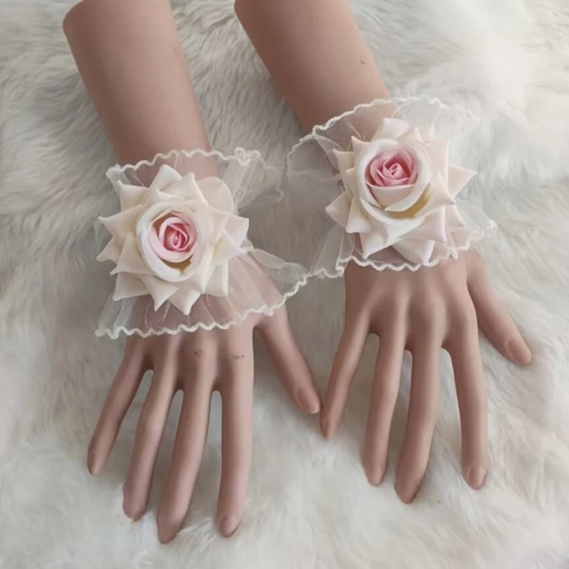 Womens Sheer Floral Lace Wrist Gloves Elastic Lace Ruched Bracelet Cuff Y2K Bridal Bracelet Cuffs for Wedding Party