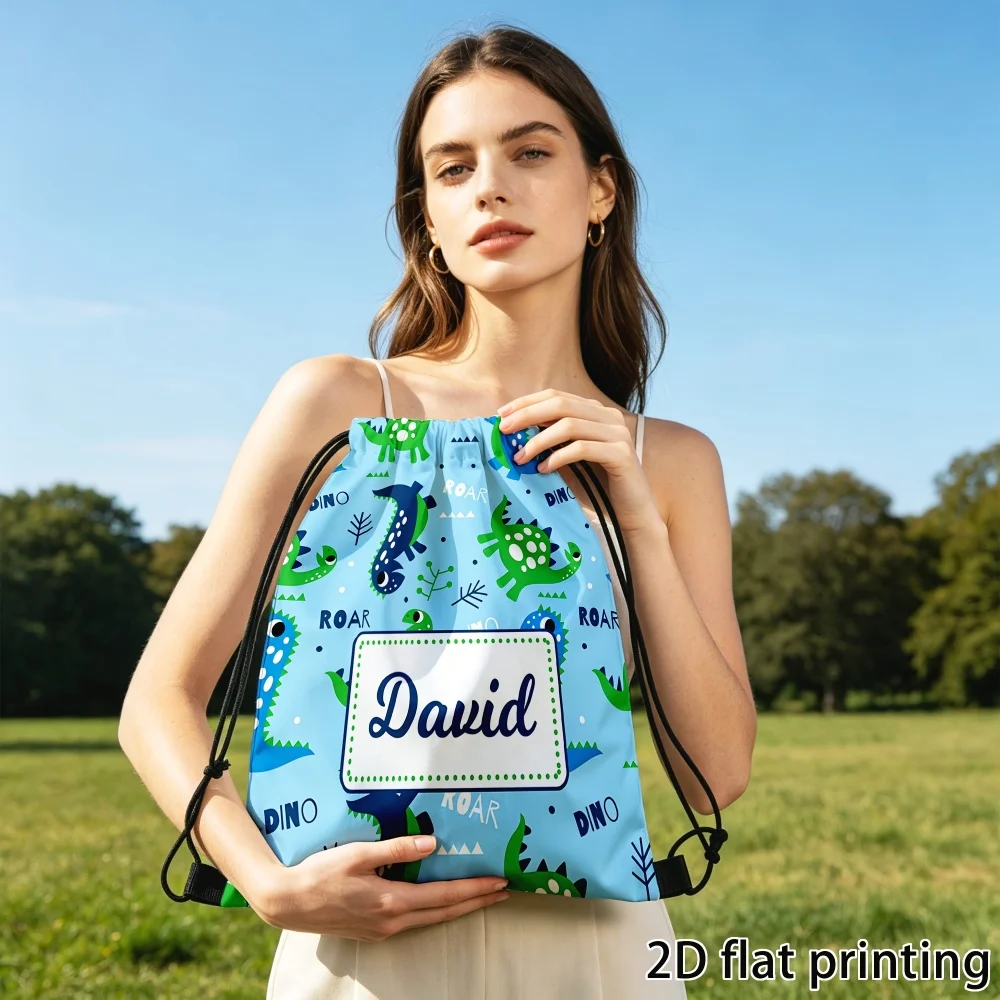 1Pc Custom Name/Text Jungle Dinosaur Pattern Drawstring Backpack,Lightweight Sports Bag, Gym Storage Bag,Outdoor Travel Rucksack