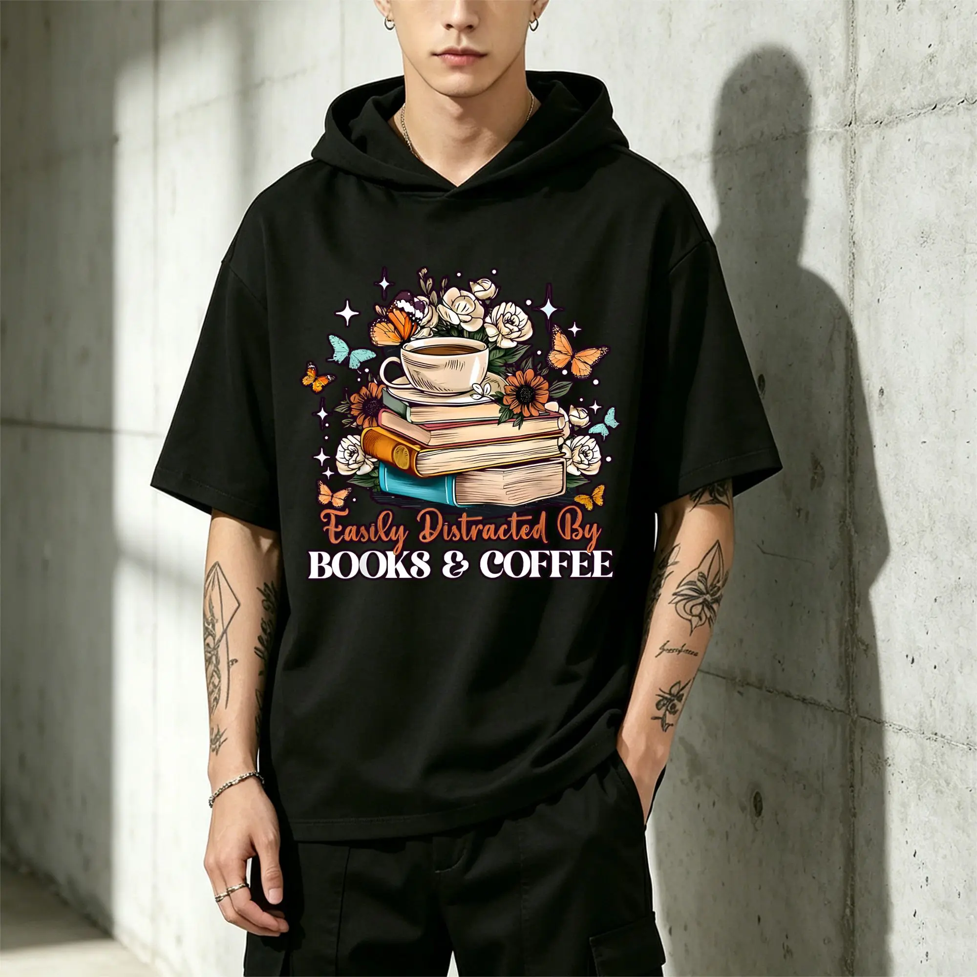 Men's Graphic T-Shirt: Bookishness and Coffee: a Time of Soulful Tranquility - Fitted Cut