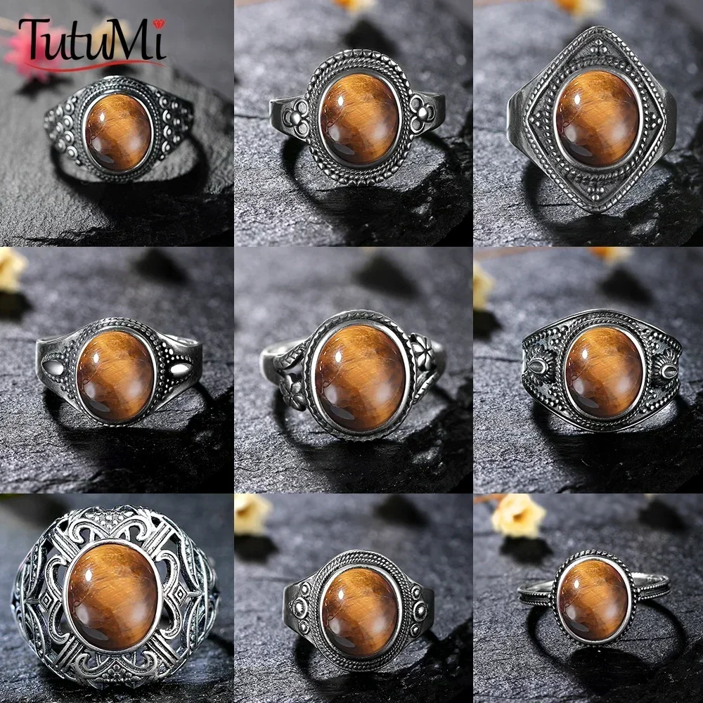 Oval Tiger Eye 925 Sterling Silver Natural Stone Ring Engagement Party Gift for Men Women Retro Jewelry