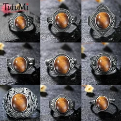 Oval Tiger Eye 925 Sterling Silver Natural Stone Ring Engagement Party Gift for Men Women Retro Jewelry