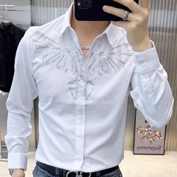 Men's Hot Diamond Long Sleeve Versatile Shirt Spring New European Trendy Elastic Slim Fit Shirt Retro Shirt Camisas De Hombre