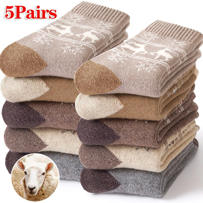 5 Pairs Merino Wool Socks for Women Hiking Fawn Pattern Thermal Warm Winter Thick Boot Cozy Crew Comfy Work Socks for Ladies
