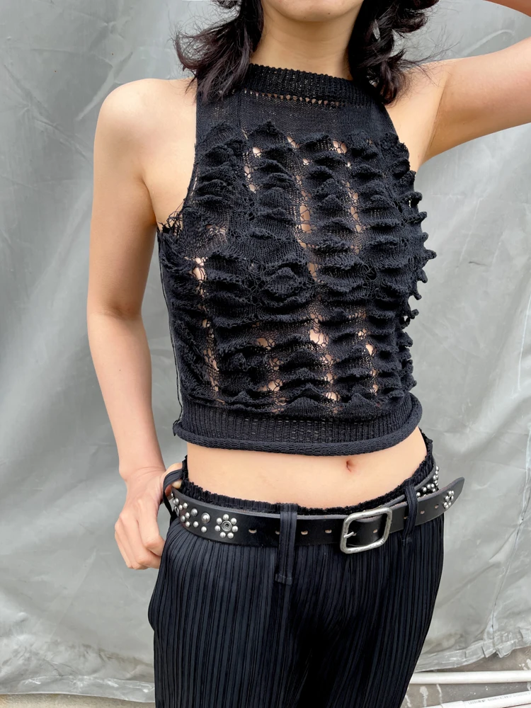 Handcrafted Hollow out Design Women's Vest Sleeveless Summer Top Front Back Two-Way Wear Slim Fit Pure Color Polyester Fiber