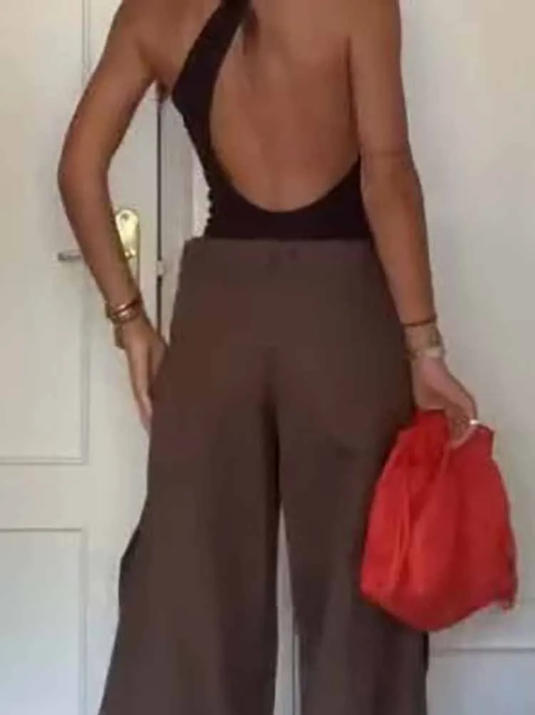 مثير مائل الرقبة بلا أكمام بلوزات واسعة الساق السراويل دعوى موضة الجوف أكمام المرأة 2 قطعة مجموعة عادية غير النظامية الصلبة الزي