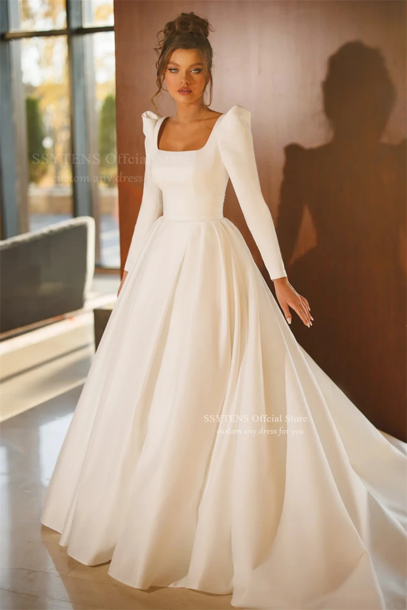 SSYTENS Customized Elegant Square Collar Satin Wedding Dress for Women Full Sleeves A-Line Modern Bride Gown Vestidos De Novia