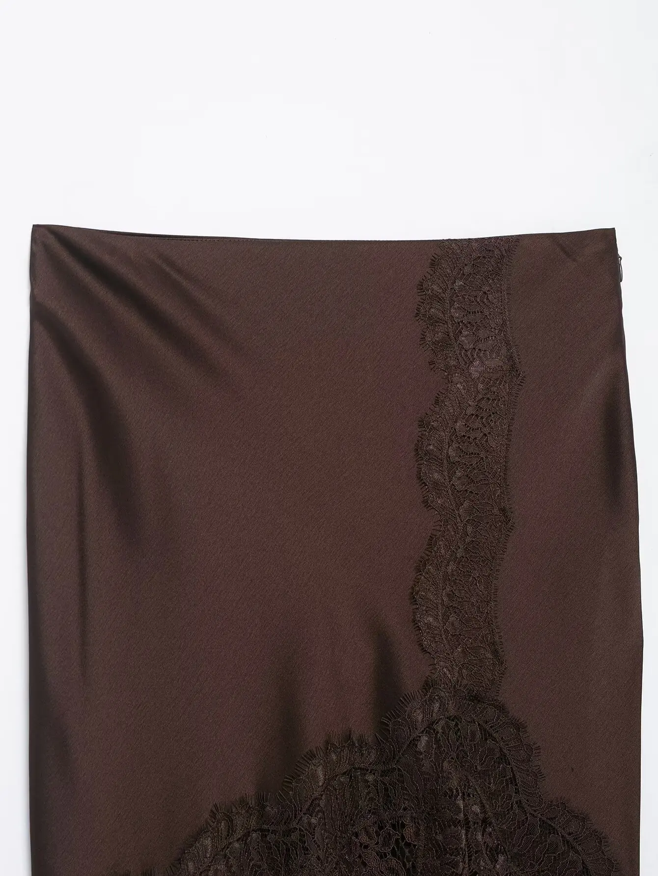 Herbst Neuheit: Eleganter Brauner Satin-Midirock mit Spitzenbesatz und Reißverschluss für Damen – Schicker Party- und Clubrock – Detail 6