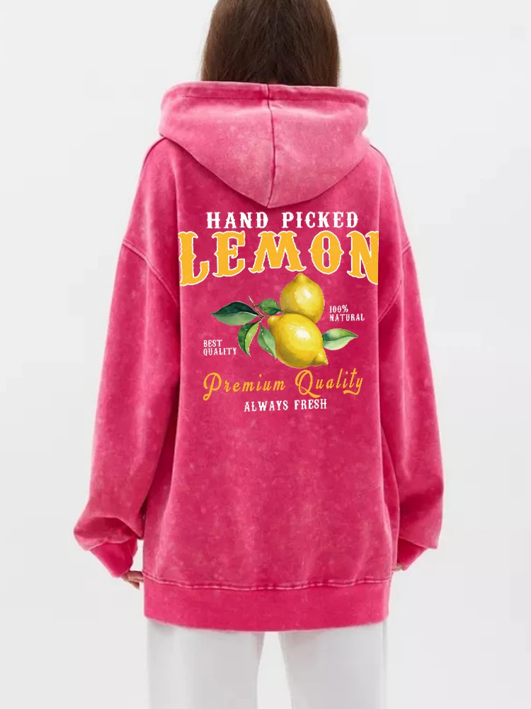 Autumn Womens Washed Hoodies Hand Picked Lemon Always Fresh Prints Streetwears Warm Oversize Cotton Hooded Casual Female Clothes