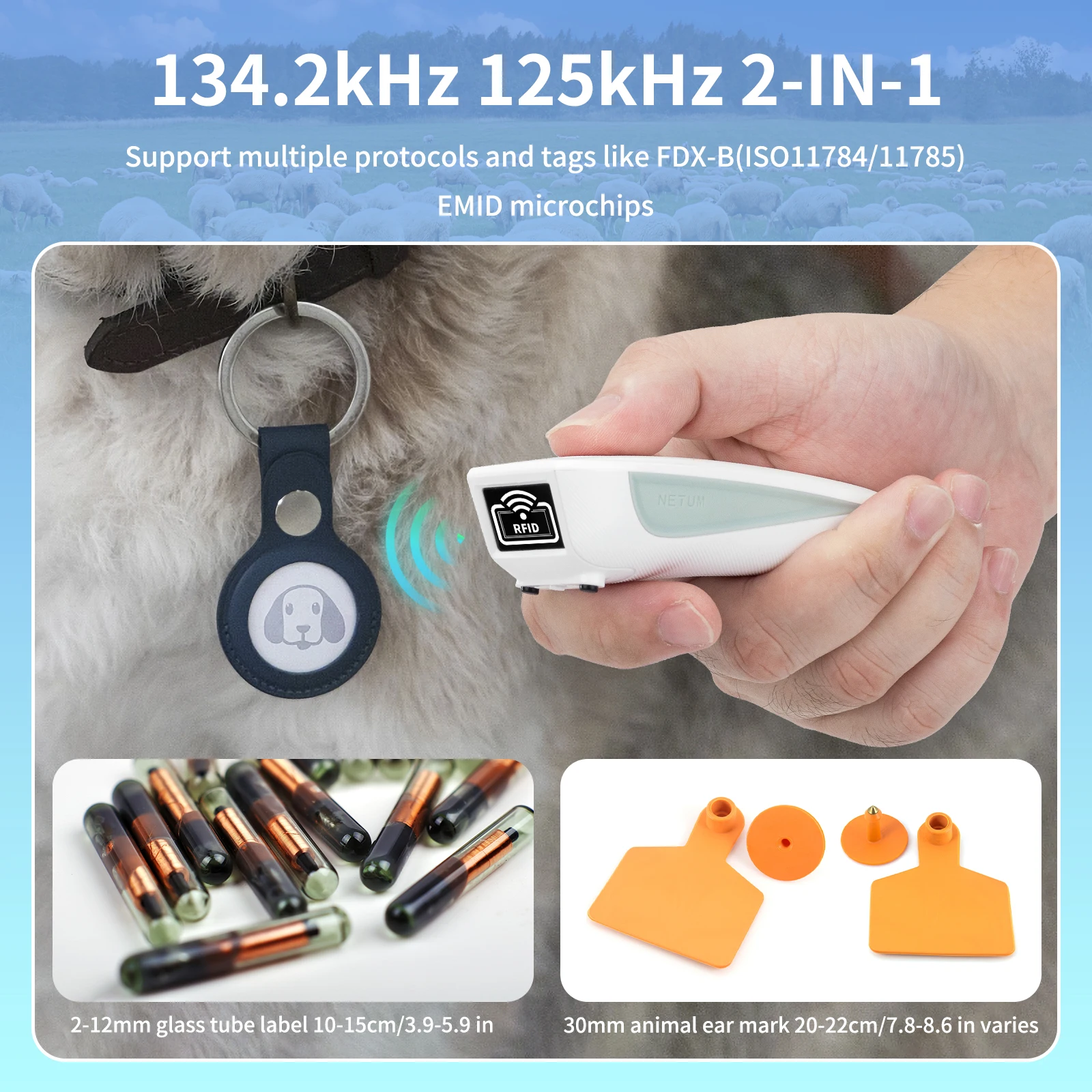 NETUM Scanners Bluetooth Pet Microchip Scanner Small Portable Wireless RFID EMID Micro Chip Contactless Reader 134.2kHz 125kHz