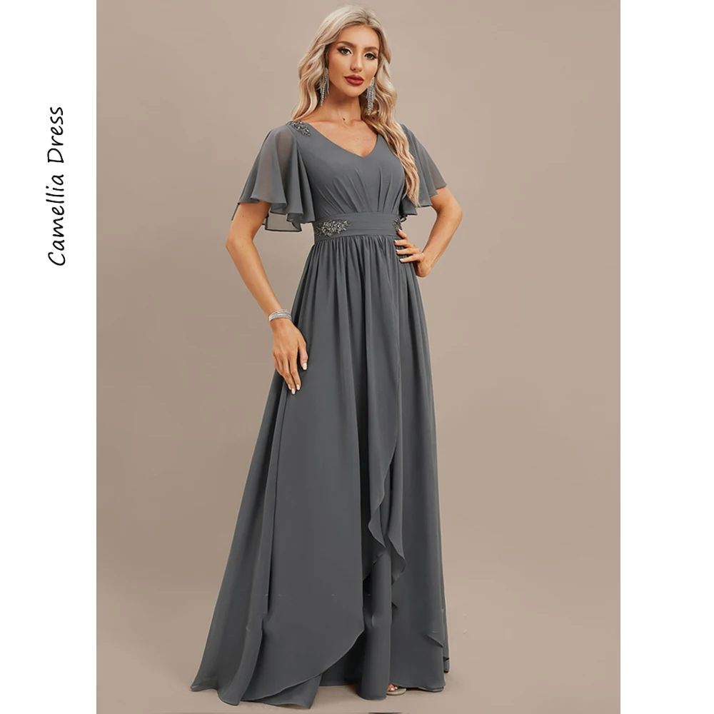 New A-line Evening Dresses V-Neck Party Dresses Chiffon Formal Dresses With Beading Pleated Vestidos De Fiesta فساتين السهرة