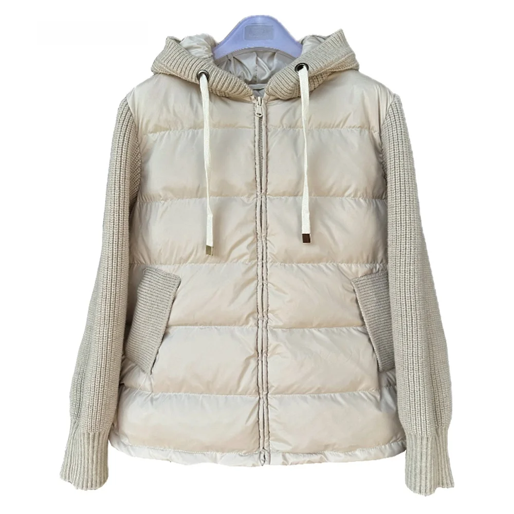 Lightweight Knitted Sweater ort Padded Jaet Women's Sle Winter New Arrival White Du down Outerwear Fake Two-Piece