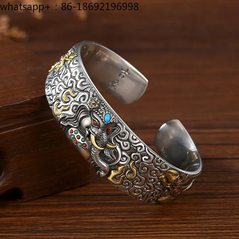 Elephant God Silver Bracelet Men's S925 Sterling Silver Open Solid Retro Personality Trendy Men Elephant Silver Bracelet
