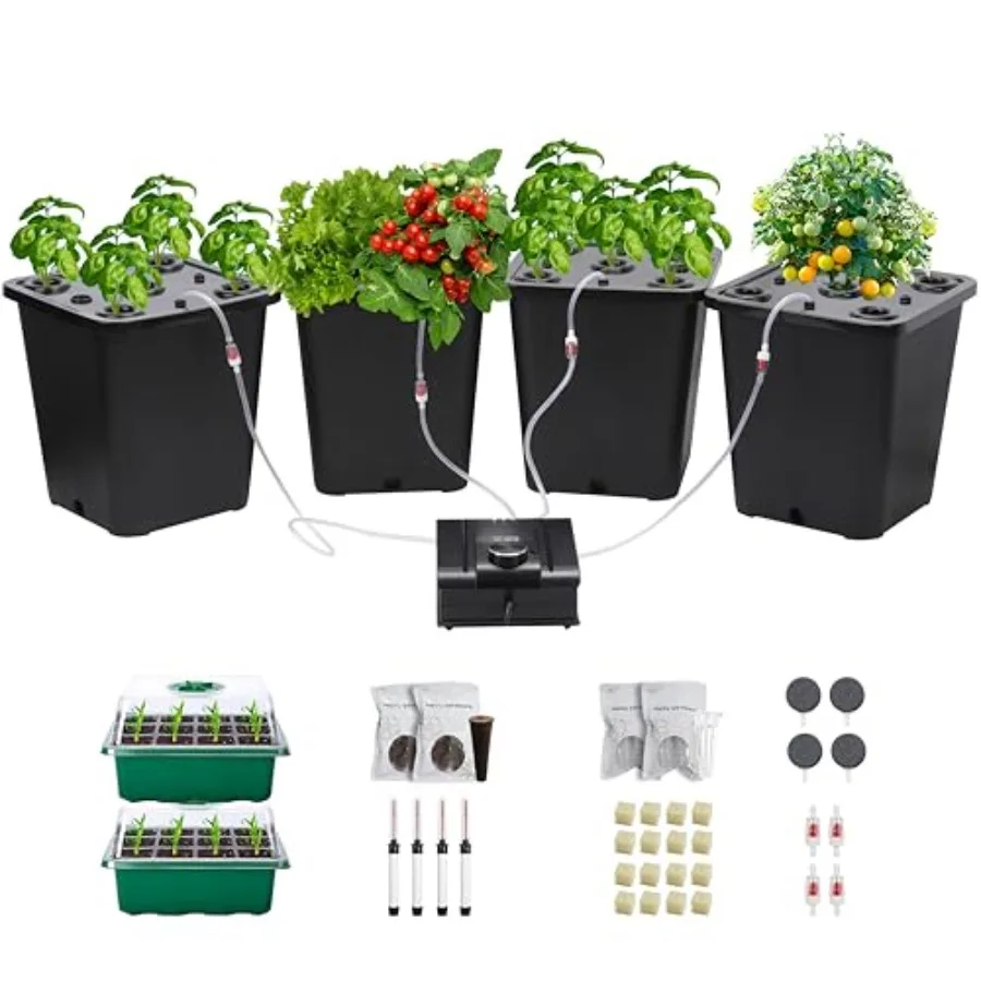 4 Hydroponic Buckets Kit for Herbs/Tomato/Vegetables DWC System with Air Pump Germination Tray Black Indoor Hydroponic Gardenin