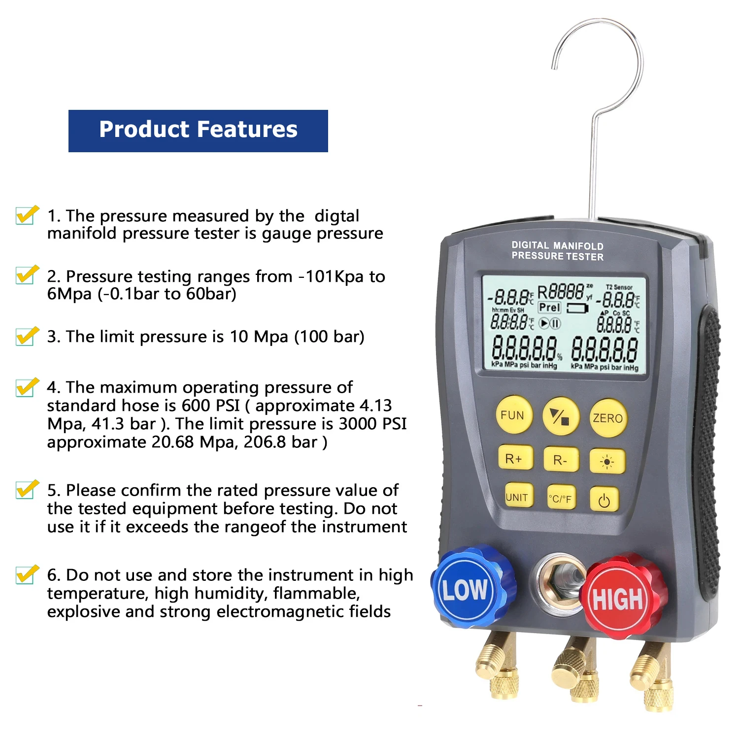 DY517 Digital Refrigeration Pressure Gauge Air Conditioning Temperature Detector Multi-function Vacuum Pressure Test Tool Kit